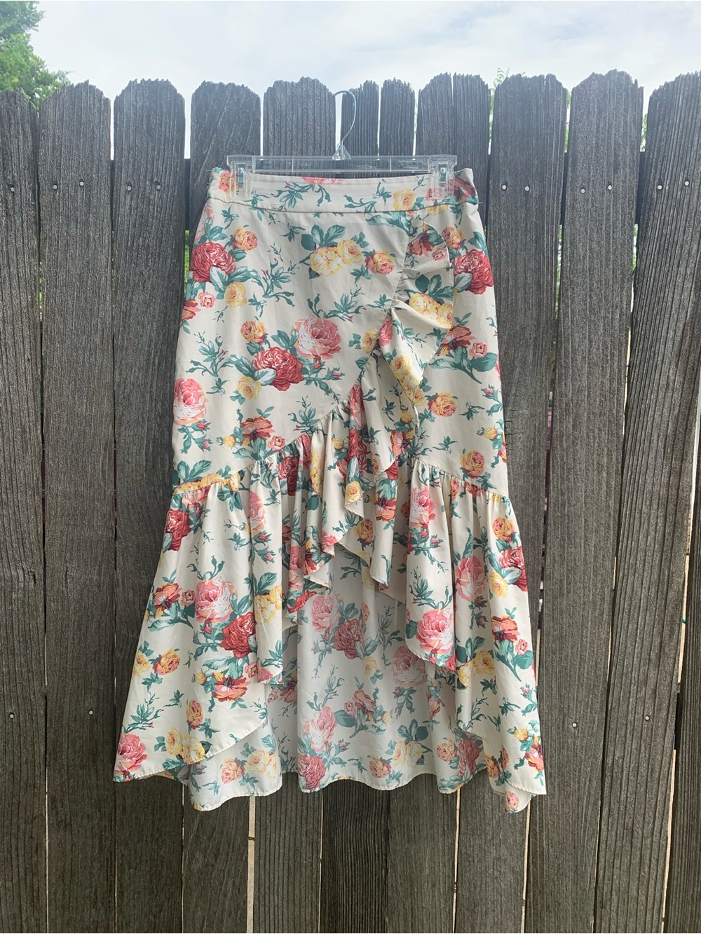 Floral High-Low Ruffle Skirt in Cream with Pink & Yellow Roses